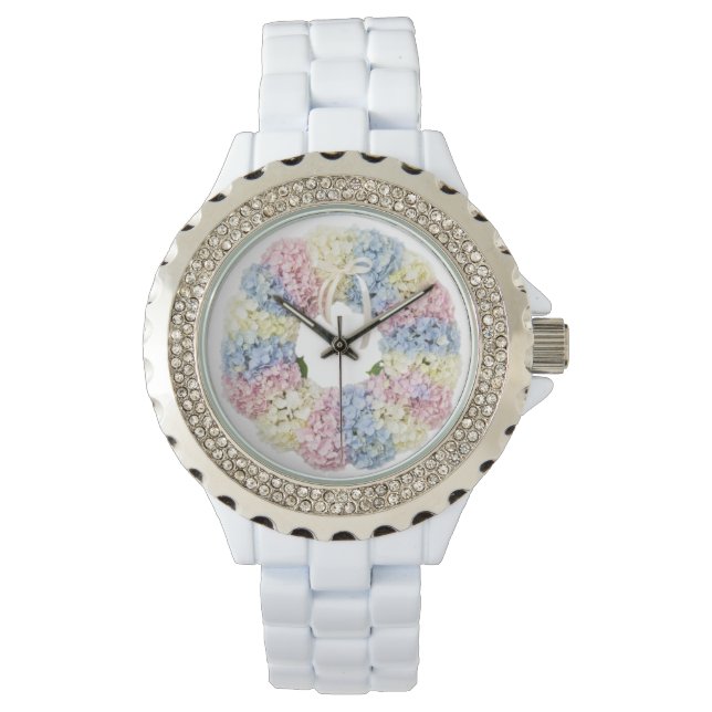 Reloj De Pulsera Hydrangea pastel Corona de flores - Monogramada (Anverso)