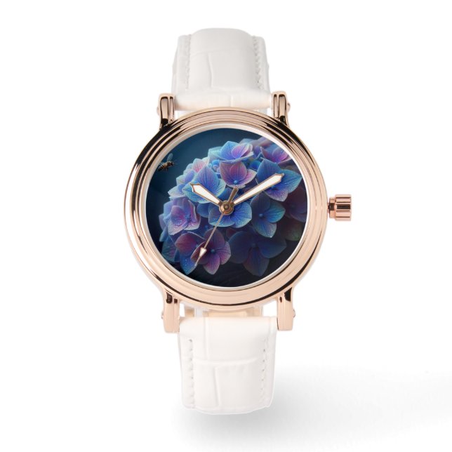 Reloj De Pulsera Hydrangeas Floral Púrpura y Azul (Anverso)