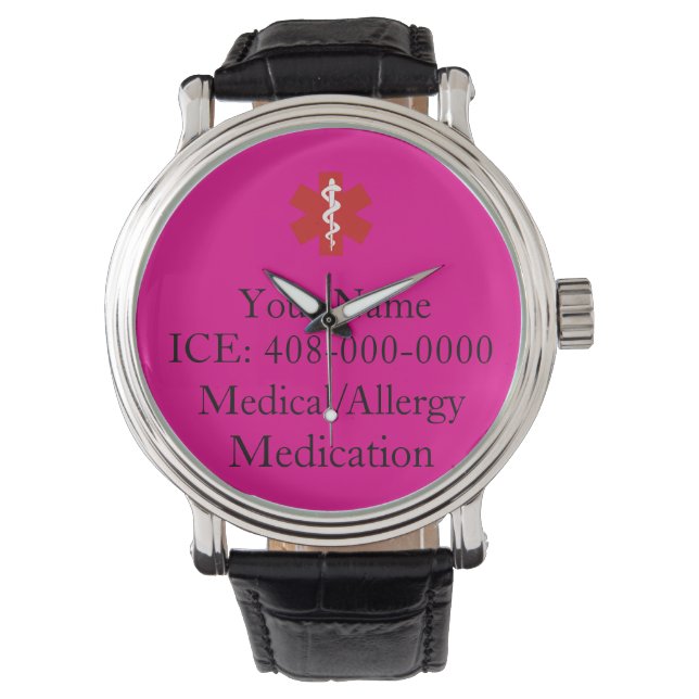 Reloj De Pulsera ID médica personalizada de Hot Pink (Anverso)