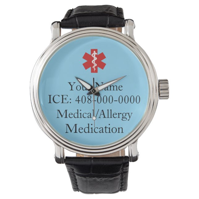 Reloj De Pulsera Identificación médica personalizada azul (Anverso)