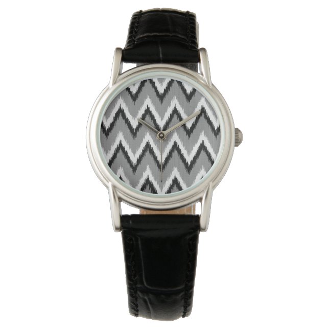 Reloj De Pulsera Ikat Chevron Stripes - Gris / Gris, Negro y Blanco (Anverso)
