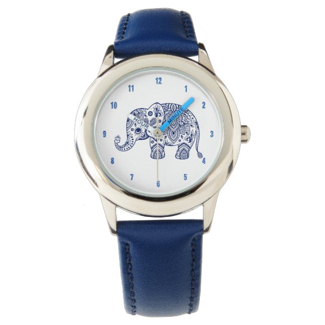 Reloj De Pulsera Ilustracion Blue Paisley Floral Elephant (Anverso)