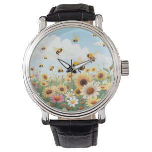 Reloj De Pulsera Ilustración de abejas y flores lindas