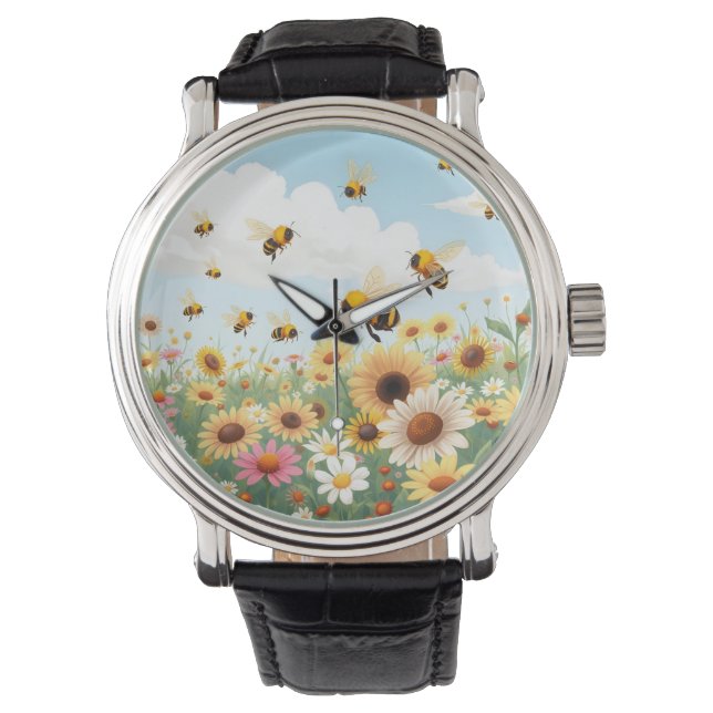 Reloj De Pulsera Ilustración de abejas y flores lindas (Anverso)