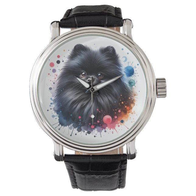 Reloj De Pulsera Ilustracion de acuarela de pomerania negra (Anverso)