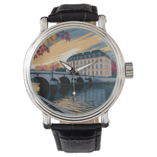 Reloj De Pulsera Ilustración de ciudad europea ribereña de otoño