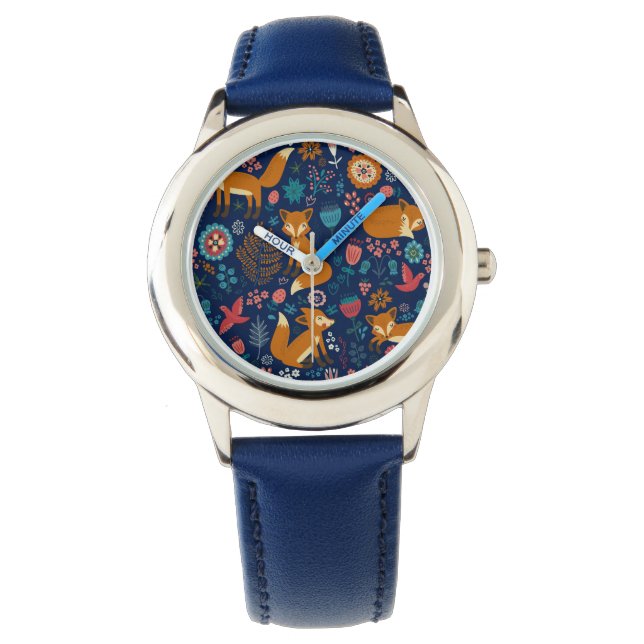 Reloj De Pulsera Ilustracion de flores y zorros adorables (Anverso)