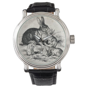 Reloj De Pulsera Ilustracion familiar de conejo vintage, conejitos 