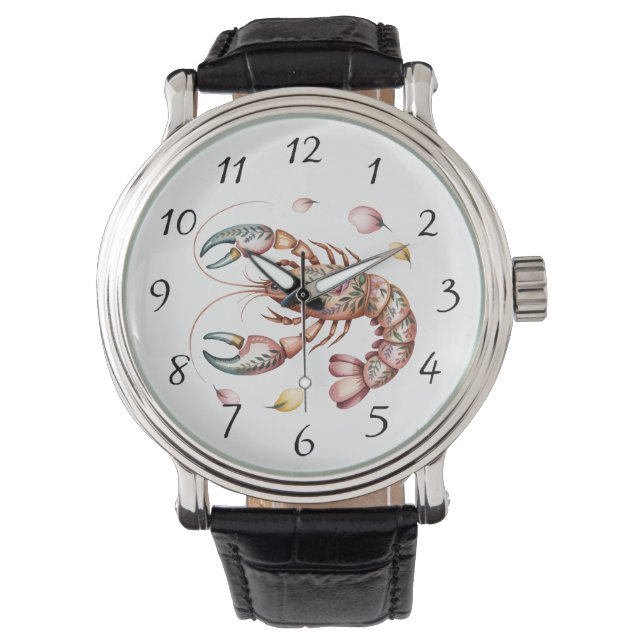 Reloj De Pulsera Ilustracion Floral Folk Art Lobster (Anverso)