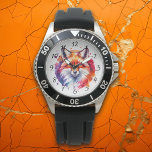 Reloj De Pulsera Ilustracion Fox Watercolor<br><div class="desc">Mirador de ilustracion de color agua Fox con una bandeja de pintura abstracta en rojo,  púrpura,  naranja y azul.</div>