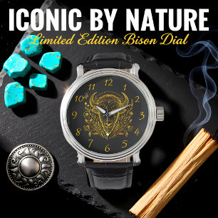 Reloj De Pulsera Ilustracion Gold Bison rodeado de naturaleza