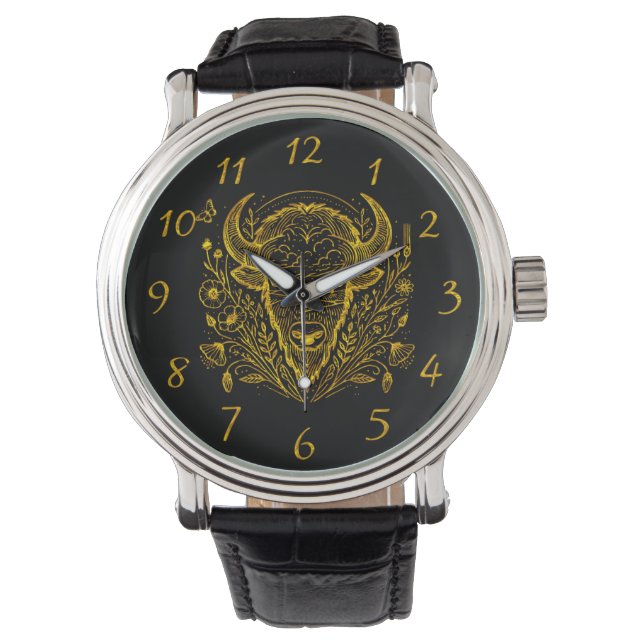 Reloj De Pulsera Ilustracion Gold Bison rodeado de naturaleza (Anverso)