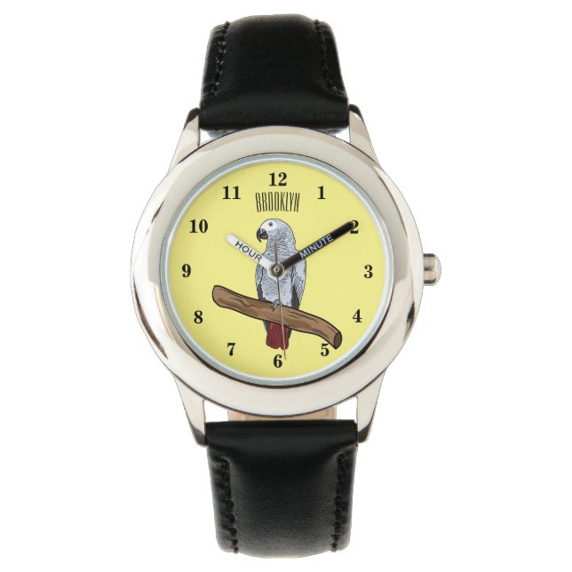 Reloj De Pulsera Ilustracion personalizado de loro gris africano (Anverso)