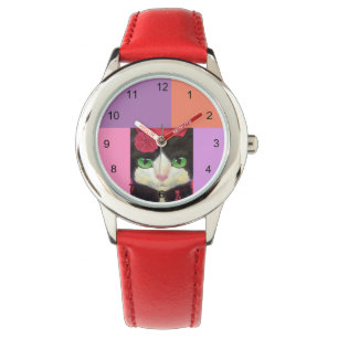 Reloj De Pulsera Ilustracion Rojo Blanco Y Negro Del Gato Tuxedo