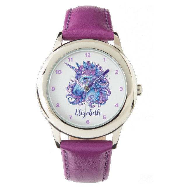 Reloj De Pulsera Ilustracion rosa y morado de unicornio (Anverso)