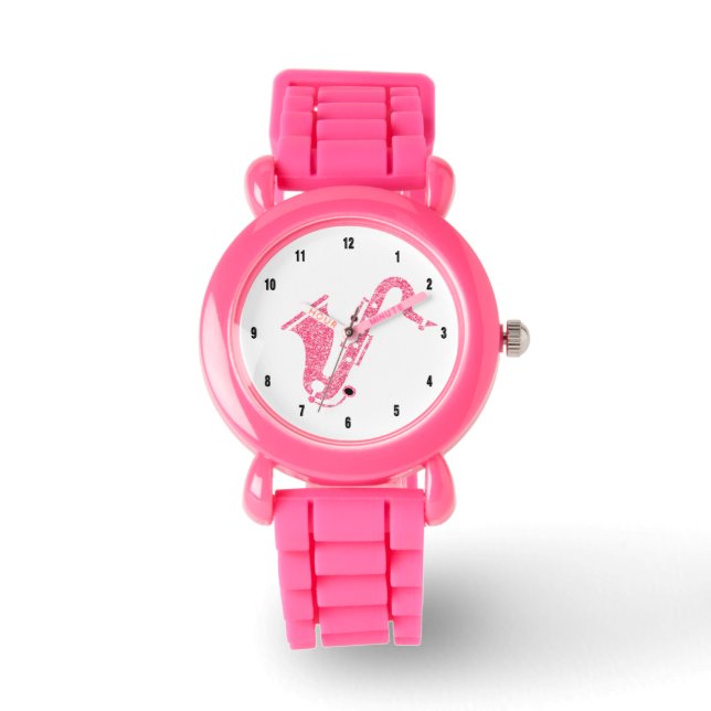 Reloj De Pulsera Ilustracion saxofónico Purpurina rosa (Anverso)