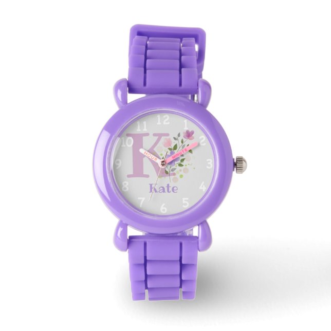 Reloj De Pulsera Imagen floral con números, nombre y hijo inicial (Anverso)