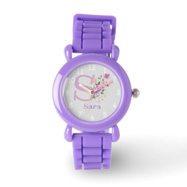 Reloj De Pulsera Imagen floral con números, nombre y hijo inicial (Anverso)