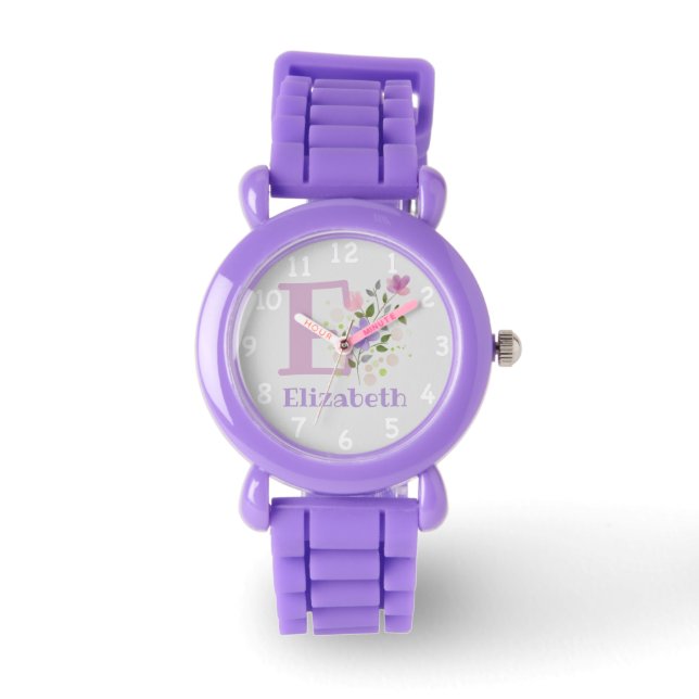 Reloj De Pulsera Imagen floral con números, nombre y hijo inicial (Anverso)