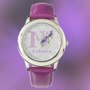 Reloj De Pulsera Imagen floral con números, nombre y hijo inicial