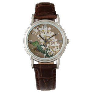 Reloj De Pulsera Impresión botánica de orquídeas blancas, fondo de 