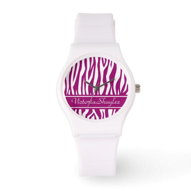 Reloj De Pulsera Impresión de cebra magenta con texto personalizado (Anverso)