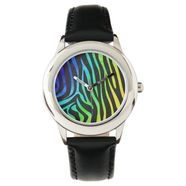 Reloj De Pulsera Impresión de cebra negra y arco iris (Anverso)