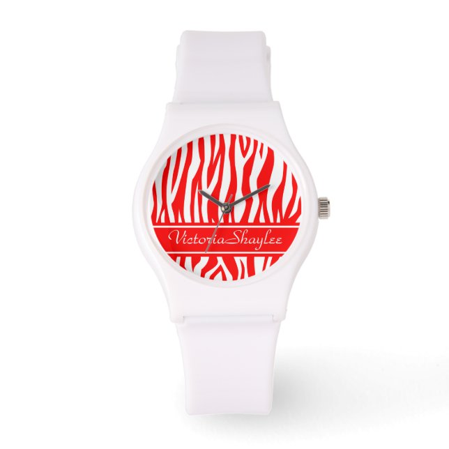 Reloj De Pulsera Impresión de cebra roja con texto personalizado (Anverso)