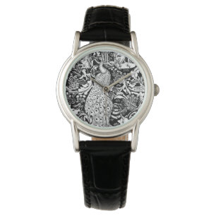 Reloj De Pulsera Impresión de pavo real Art Nouveau, negro y blanco