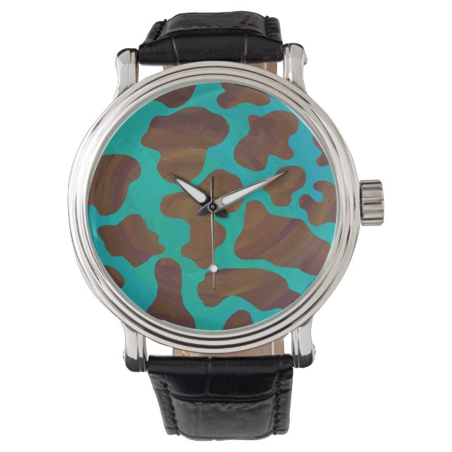 Reloj De Pulsera Impresión de vaca marrón y Verde azulada (Anverso)