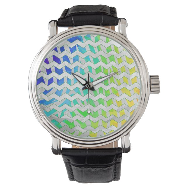Reloj De Pulsera Impresión en blanco y arcoiris de cebra chevron (Anverso)