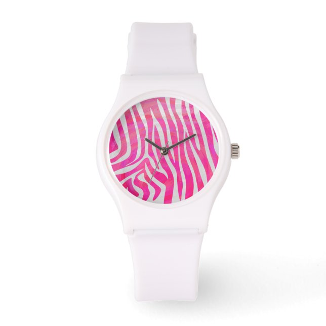 Reloj De Pulsera Impresión en blanco y rosa caliente de cebra (Anverso)