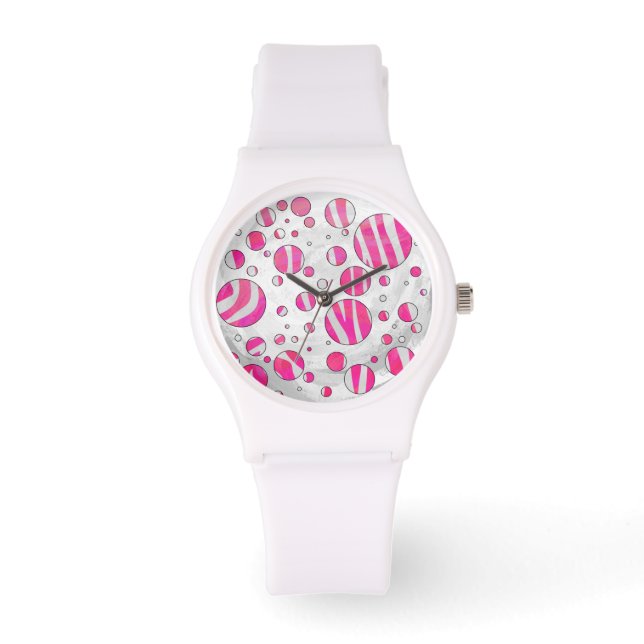 Reloj De Pulsera Impresión en blanco y rosa caliente de cebra (Anverso)