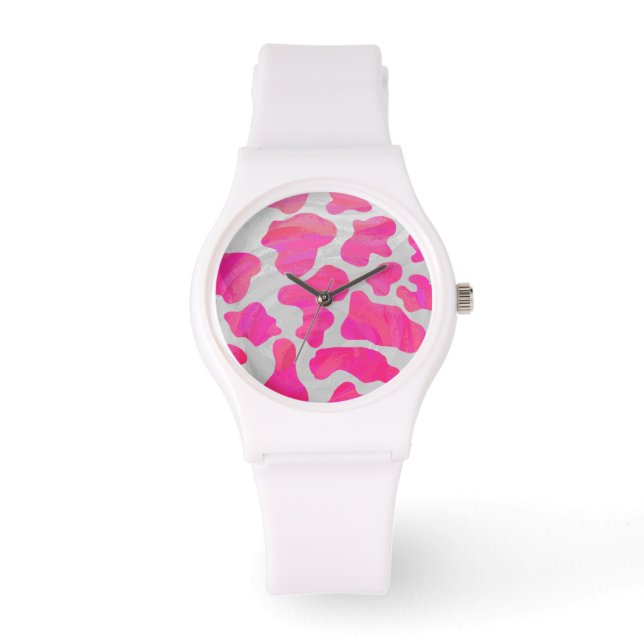 Reloj De Pulsera Impresión en blanco y rosa caliente de vaca (Anverso)