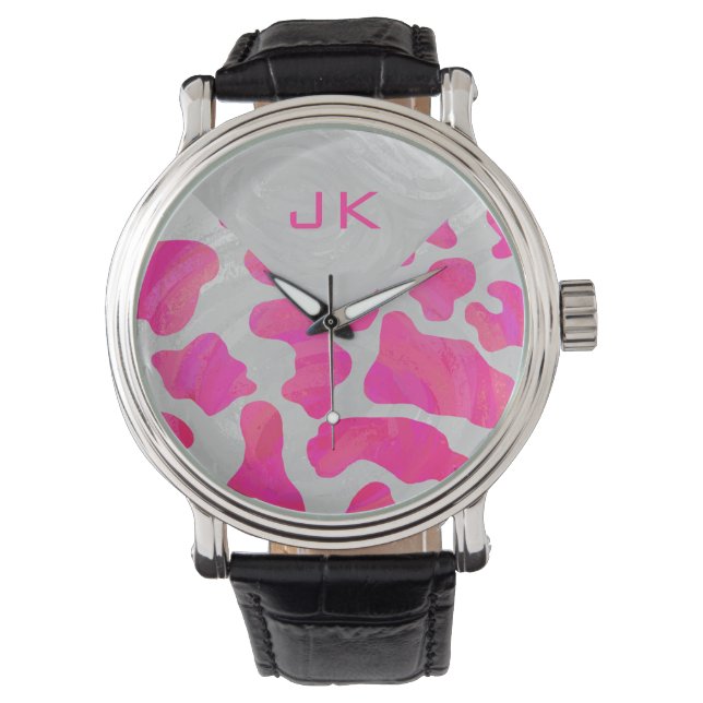 Reloj De Pulsera Impresión en blanco y rosa caliente de vaca monogr (Anverso)