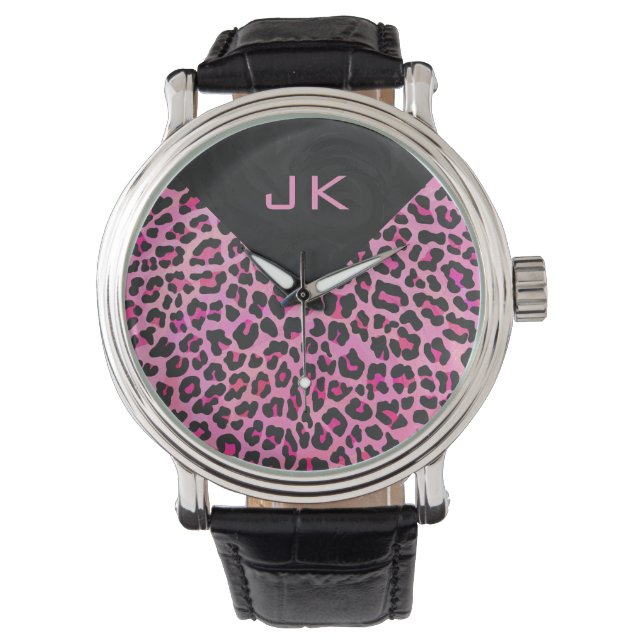 Reloj De Pulsera Impresión monográfica de leopardo negro y rosa cal (Anverso)