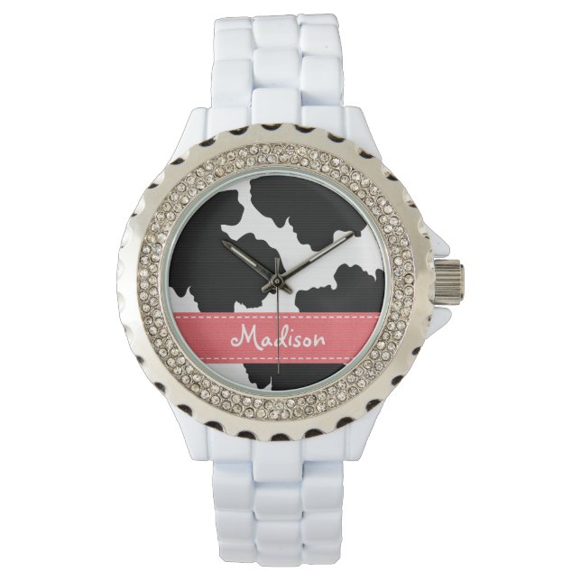 Reloj De Pulsera Impresión personalizada de vaca rosa y negro (Anverso)