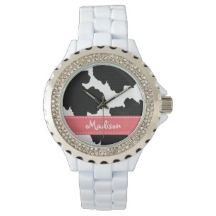 Reloj De Pulsera Impresión rosada y negra personalizada de la vaca