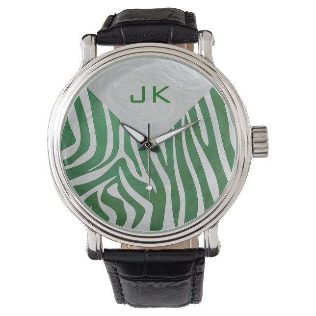 Reloj De Pulsera Impresión verde y blanca en monograma cebra (Anverso)