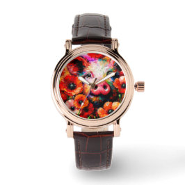 Reloj De Pulsera Impresionante cerdo en flores de amapola roja