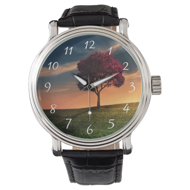 Reloj De Pulsera Increíble paisaje con un árbol rojo al atardecer (Anverso)