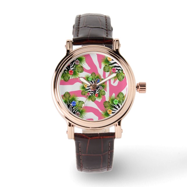 Reloj De Pulsera Inhibisco tropical y rayas de cebra rosa exótica (Anverso)