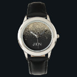 Reloj De Pulsera Iniciales del Monograma Girly Black Purpurina Gold<br><div class="desc">Reloj de nombres de monograma de Purpurina de esparkle negro y dorado. Esto hace que el dulce perfecto cumpleaños 16,  boda,  ducha de novia,  aniversario,  ducha de bebé o fiesta de soltera sea regalo para alguien que ama el lujo glam y los estilos de moda.</div>