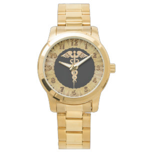 Reloj De Pulsera Insignia de alerta de silueta brillante de oro méd