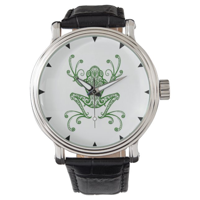 Reloj De Pulsera Intrincada rana de árbol verde sobre blanco (Anverso)