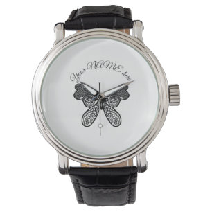 Reloj De Pulsera Intrincado Mandala Bohemio Mariposa Blanco y Negro