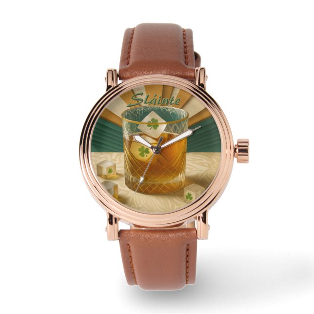 Reloj De Pulsera Irish Whiskey Tumbler Shamrock Ice "Sláinte!" (Anverso)