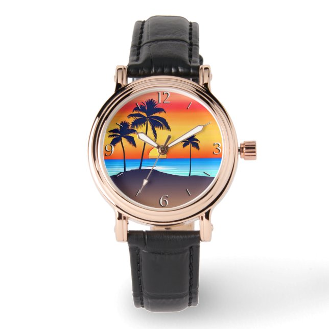 Reloj De Pulsera Isla Tropical al atardecer con palmeras (Anverso)