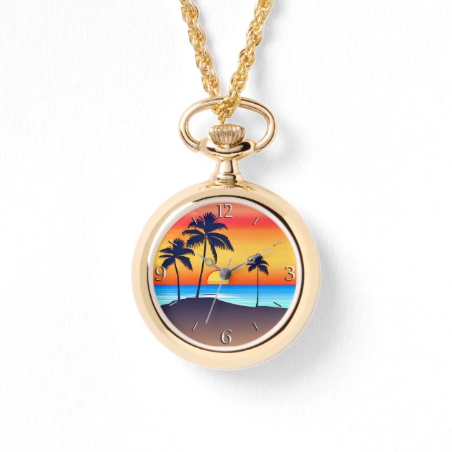 Reloj De Pulsera Isla Tropical al atardecer con palmeras (Anverso)