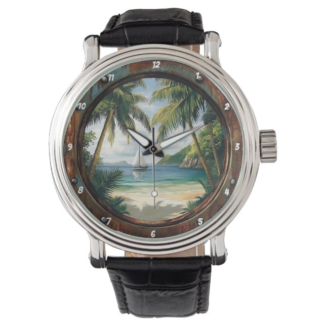 Reloj De Pulsera Island Time" - Nautical Window Tropical Beach (Anverso)